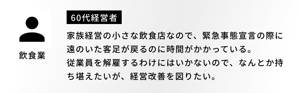 飲食業60代経営者の声。家族経営の小さな飲食店なので、緊急事態宣言の際に遠のいた客足が戻るのに時間がかかっている。従業員を解雇するわけにはいかないので、なんとか持ち堪えたいが、経営改善を図りたい。